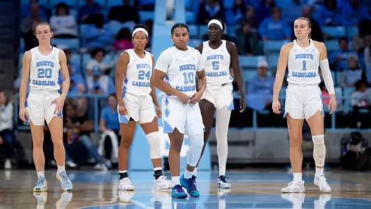 Lexi Donarski, Reniya Kelly, Indya Nivar, Maria Gakdeng, Alyssa Ustby
University of North Carolina Women's Basketball v NCCU
Carmichael Arena
Chapel Hill, NC
Friday, November 29, 2024