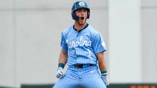 Graduate student Alex Madera reacts to a play as he rounds the bases at Mark Light Field in Coral Gables, Fla., on Sunday afternoon. The Tar Heels topped the Hurricanes, 18-6.