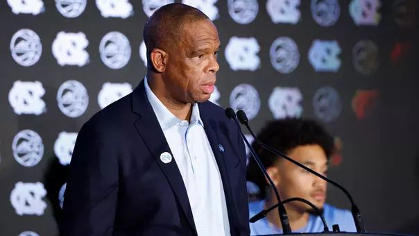 North Carolina head coach Hubert Davis at the 2025 ACC Men’s Basketball Tipoff in Charlotte, N.C., Tuesday, Oct. 7, 2025. (Nell Redmond/ACC Photo)