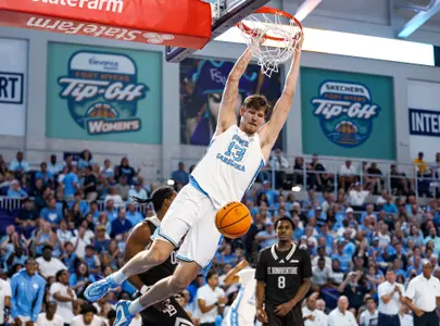 Junior Henri Veesaar dukes the ball against St. Bonaventure at Suncoast Credit Union Arena in Fort Myers, Fla., Tuesday.