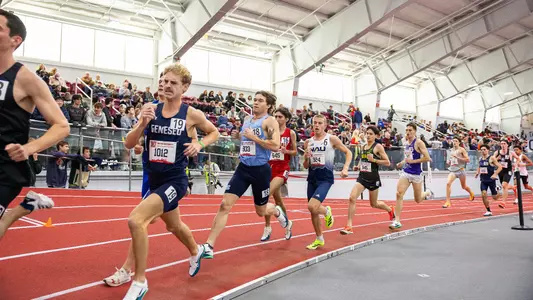 Aiden Neal competes in the 3000-meter run during the Boston University Sharon Colyear-Danville Season Opener in Boston, MA Saturday.