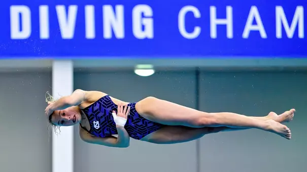 Freshman Lanie Gutch competes in the ACC Championship finals at Greensboro Aquatic Center in Greensboro, N.C., on February 20, 2025.