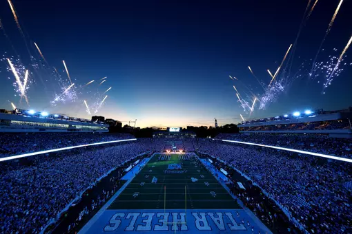 Fireworks light up the sky over Kenan Stadium as UNC takes the field to face TCU for the season opener on September 1, 2025.