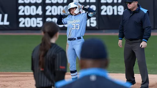 Graduate student Kat Rodriguez celebrates hitting a double against Princeton at Anderson Stadium Friday afternoon.