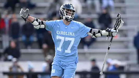Redshirt sophomore Dominic Pietramala reacts to a goal against Johns Hopkins at Homewood Field in Baltimore, MD Saturday.