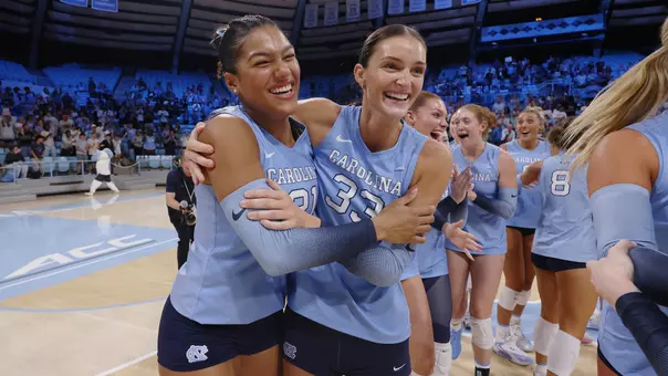 postgame celebration, Jackie Taylor, Hailey Pearce
University of North Carolina Volleyball v Florida
Carmichael Arena
Chapel Hill, NC
Tuesday, September 9, 2025