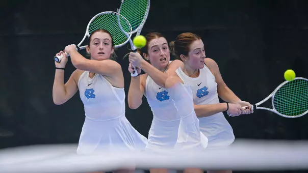 Junior Theadora Rabman returns a volley against Virginia at Chewning Tennis Center Monday in a composite photo from three images.
