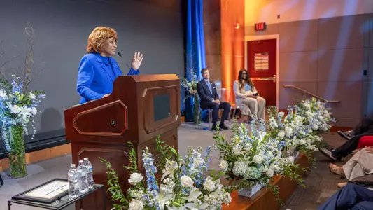 Deloris P. Jordan speaks on stage during the announcement of Michael Jordan donating $10 million to the UNC School of Social Work on Oct. 5, 2026.