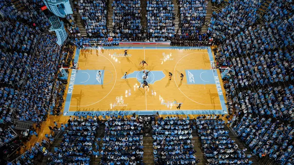 CHAPEL HILL, NC - FEBRUARY 07: An overhead view of the Dean Smith Center at tip off between the North Carolina Tar Heels and the Duke Blue Devils on February 07, 2026 at the Dean Smith Center in Chapel Hill, North Carolina. North Carolina won 71-68. (Photo by Peyton Williams/UNC/Getty Images)
