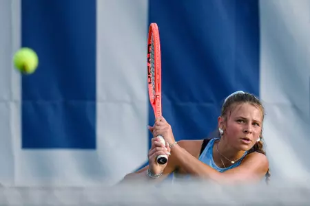 Freshman Anna Frey returns a volley against Duke at Ambler Tennis Stadium in Durham Wednesday.