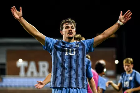 Senior Joschi Schelb reacts to a goal against American University at Dorrance Field Tuesday.