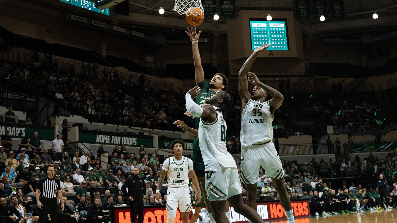 Jarne Elouna Eyenga shoots a hook shot against South Florida