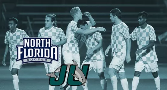 Picture of team celebrating JU & UNF logos