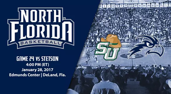 Stetson's Edmund Center during a basketball game. Graphic that includes 4 p.m. start time for Saturday's game between UNF and Stetson