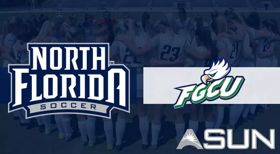 North Florida Ospreys Logo and FGCU Logo over Women's Soccer Huddle in background