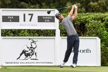 Philip Knowles hits a tee shot at Tavistock Collegiate Invitational
