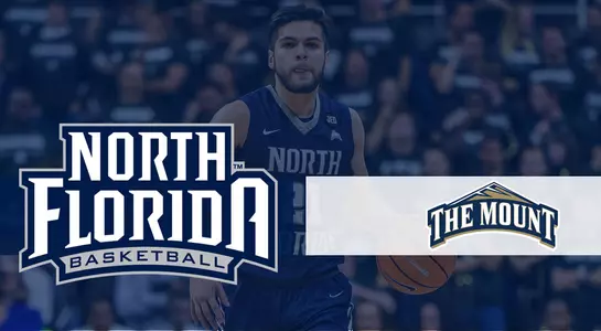 Ivan Gandia-Rosa dribbles the basketball in background of North Florida vs Mount St. Mary's graphic