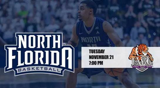 Basketball pregame preview graphic that includes photo of Osborn Blount dribbling the ball. Game against Edward Waters will be held Tuesday, November 21 at 7 p.m.