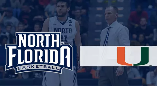 Preview graphic for UNF vs Miami game with background of Coach Matthew Driscoll and Ivan Gandia-Rosa standing together on sideline