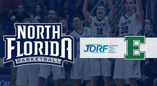 Preview graphic for men's basketball game versus Eastern Michigan with background photo of bench players celebrating a basket