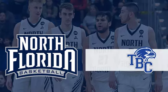 Team huddle is background of preview graphic for North Florida vs Trinity Baptist game