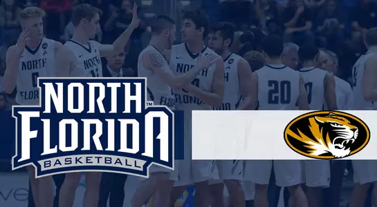 Preview graphic for UNF vs Missouri game with background photo of team huddle