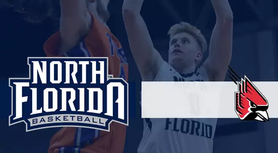 Preview graphic for UNF vs Ball State game with Noah Horchler shooting a jump shot