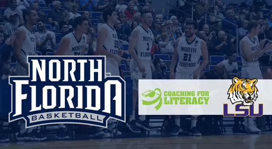 Preview graphic for UNF vs LSU game with cheering bench players in the background