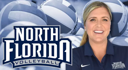 Graphic for hiring of UNF volleyball coach Kristen Wright with her head shot and background of volleyballs in a pile