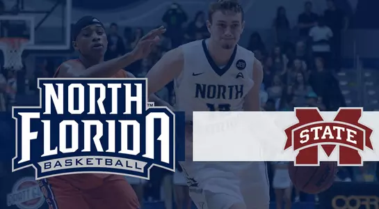 Preview graphic for UNF vs Mississippi State game with Ryan Burkhardt dribbling a basketball in the background