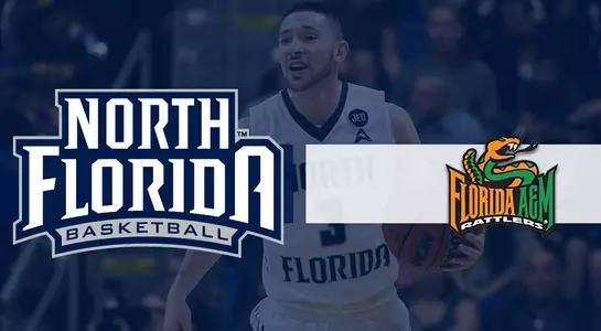 JT Escobar dribbles the ball in the background of graphic promoting UNF vs Florida A&M game