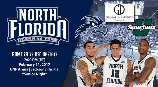 UNF seniors Dallas Moore, Aaron Bodager and Chris Davenport stand in UNF Arena. Group will play one of their final home games on Feb. 11 vs USC Upstate