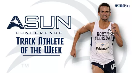 Graphic celebrating Manny Velasquez selection as the ASUN Male Track Athlete of the Week. Velasquez is shown running hard for the finish line.