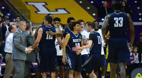 UNF men's basketball celebrates at Lipscomb during ASUN Semifinal.