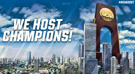 Graphic featuring the Jacksonville skyline and announcing that UNF will be hosting NCAA Championships