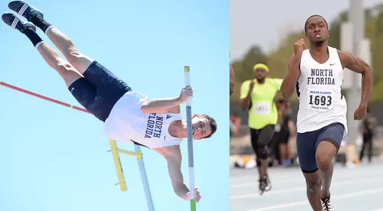 Shelton McLean clears the pole vault bar and Desmond Robb crosses the finish line