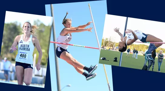 Graphic featuring action shots of Hallie Grimes, Louisa Washburn and Alyssa Young