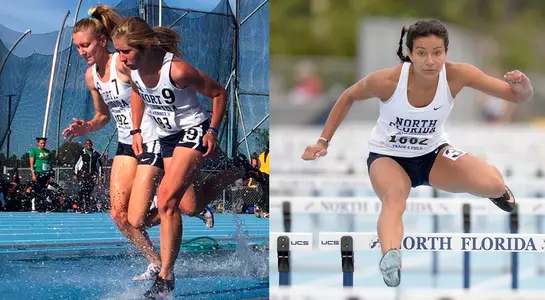 Collage of women's track seniors Kaitlin King, Mary Kate Thyfault and Tianna Hearn