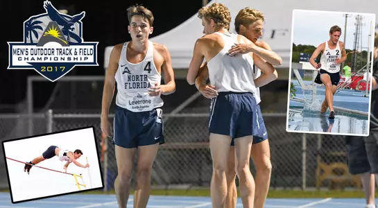 Graphic featuring trio of Osprey runners celebrating wins along with Shelton McLean clearing bar in pole vault and Fynn Timm jumping a hurdle in steeplechase at ASUN Championship