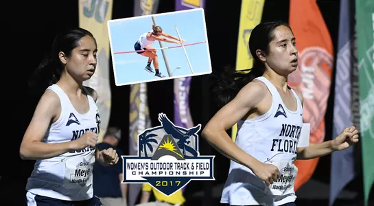 graphic featuring Eden & Grace Meyer running together and Louisa Washburn clearning bar in pole vault at ASUN Championship