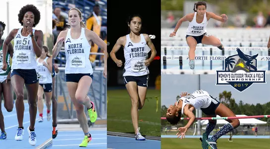 Graphic featuring a collection of women's track athletes running, hurdling and jumping over bars