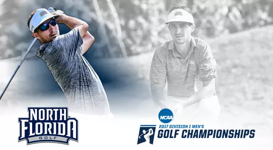 Graphic featuring golfer Travis Trace, the NCAA Championship qualifier in different golf poses