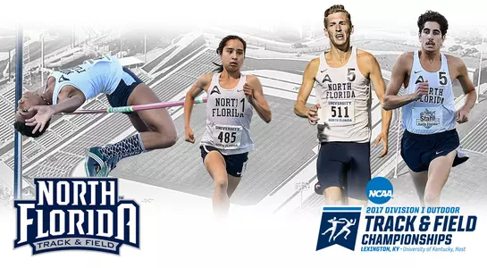 Collage of action shots featuring UNF's NCAA Track Qualifiers: Alyssa Young, Eden Meyer, Fynn Timm and Tyler Stahl