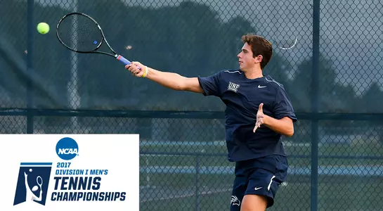 Jack Findel-Hawkins returns the ball and advances in the NCAA Tournament.
