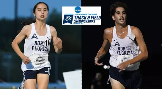 Eden Meyer and Tyler Stahl are both pictured crossing the finishing line in their running events