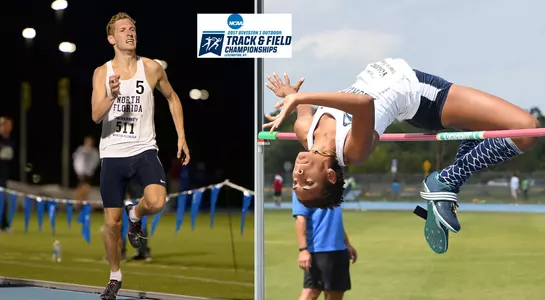 Alyssa Young clears the high jump bar and Fynn Timm races across the finish line at the NCAA East Prelim