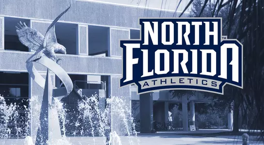 Graphic featuring North Florida Athletics logo and a outside view of UNF Arena and the Osprey Fountain