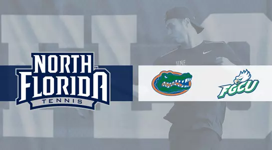 Men's tennis player in the back of the UNF Tennis Logo as well as the Florida Gators and FGCU Eagles logos