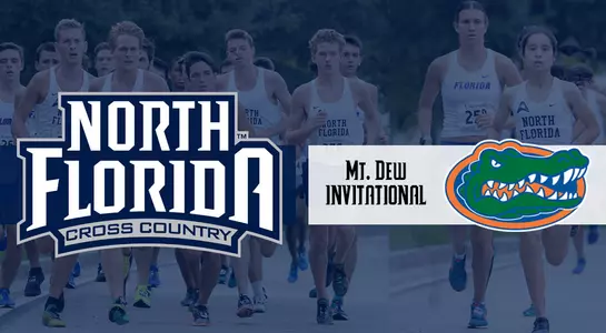 Graphic collage of cross country teams running overlayed with UNF logo and Mt. Dew Invitational mark
