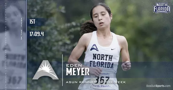 Graphic featuring Eden Meyer running in honor of her earning ASUN Runner of the Week award